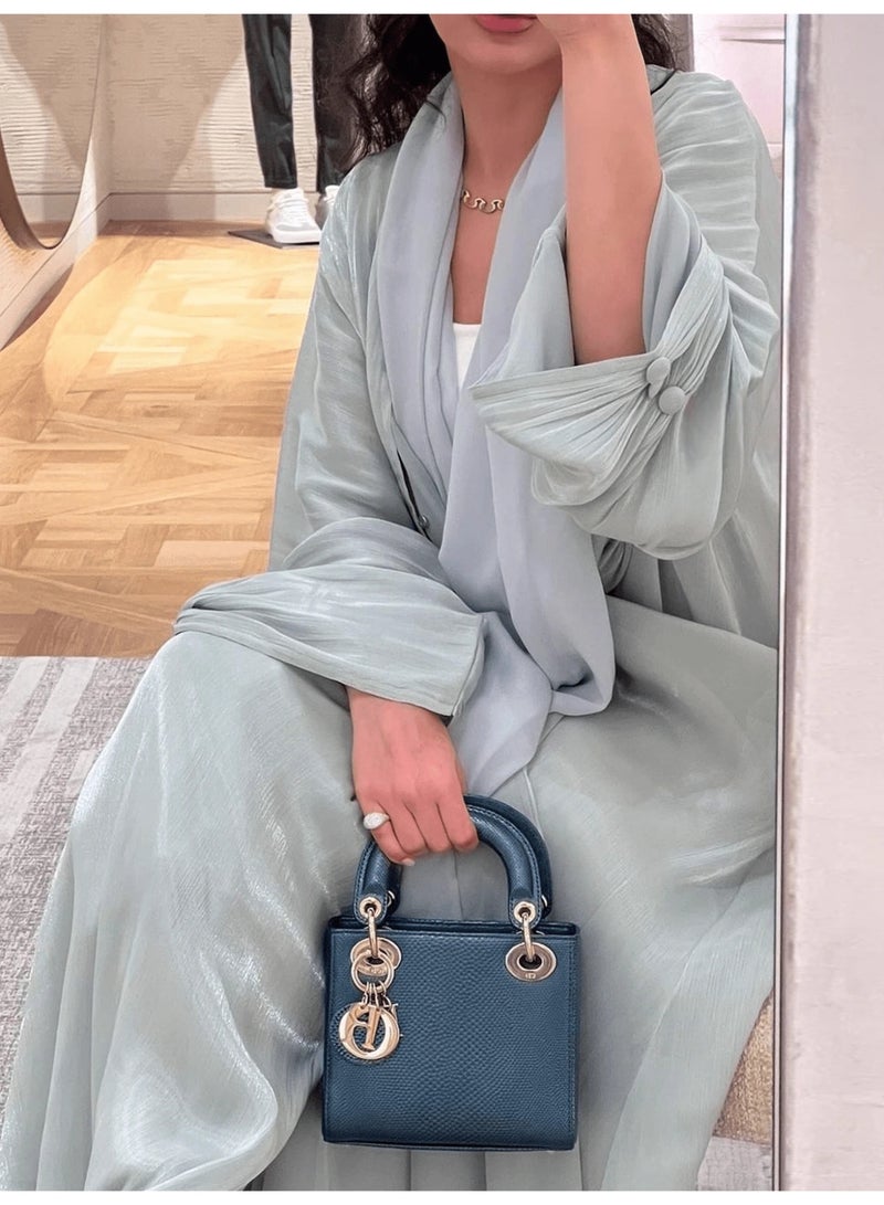 KHAJUL Women's Open Front Abaya, Shiny Lurex Fabric Long Modest Robe, Flowy Solid Color Full Length Dress, for Ramadan, Eid Al-Adha, Party Fits Height 165-170 CM, Green - Image 4